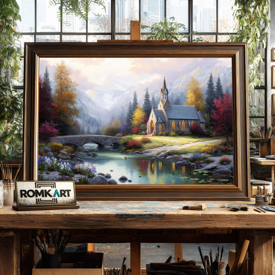 Mountain Chapel at Sunset hand-painted oil painting on canvas