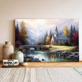 Mountain Chapel at Sunset Architectural Oil Painting - image 3