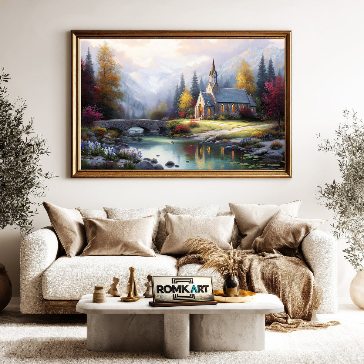Mountain Chapel at Sunset Architectural Oil Painting - image 5
