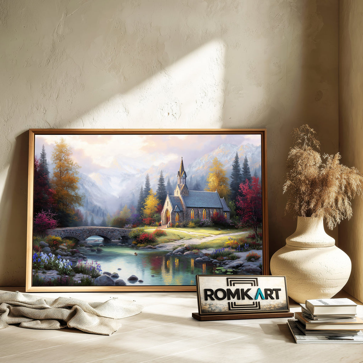Mountain Chapel at Sunset Architectural Oil Painting - image 6