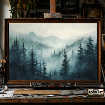 Mountain Pine Forest Foggy hand-painted oil painting on canvas