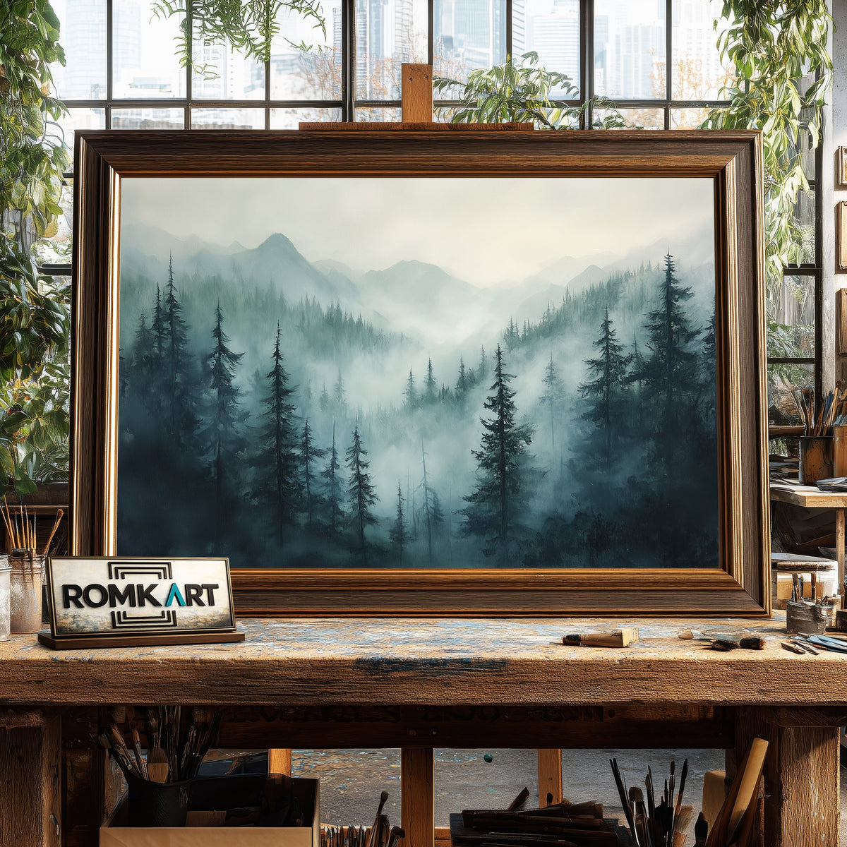 Mountain Pine Forest Foggy Forest Landscape Oil Painting - image 2