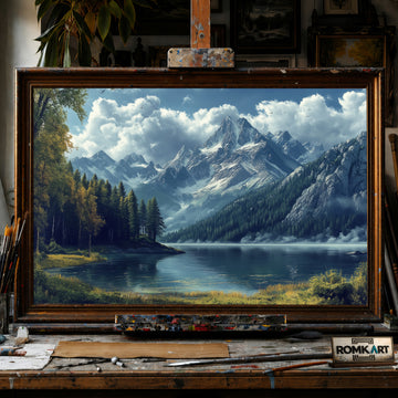 Mountain Tree and Lake hand-painted oil painting on canvas
