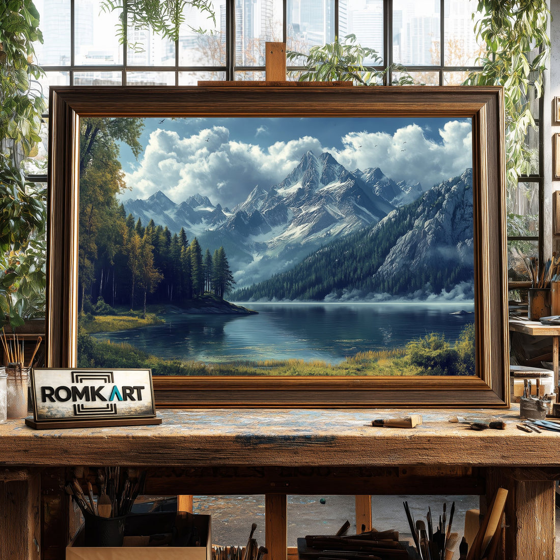 Mountain Tree and Lake hand-painted oil painting on canvas