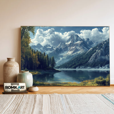 Mountain Tree and Lake Waterscape Oil Painting - image 3