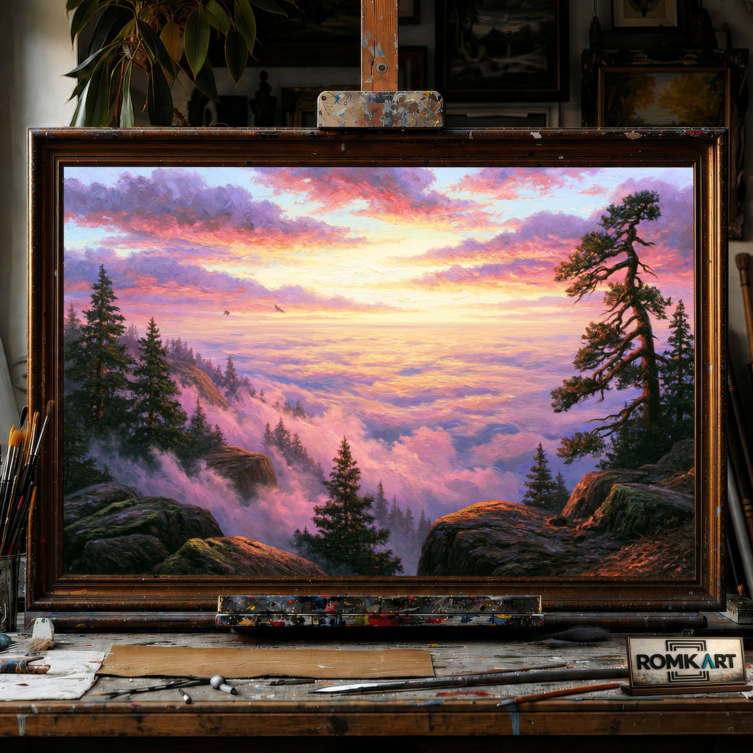 Mountain Vista above the Clouds at Sunrise - Hand-Painted Oil Painting - View 1