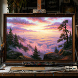 Mountain Vista above the Clouds at Sunrise - Hand-Painted Oil Painting - View 1