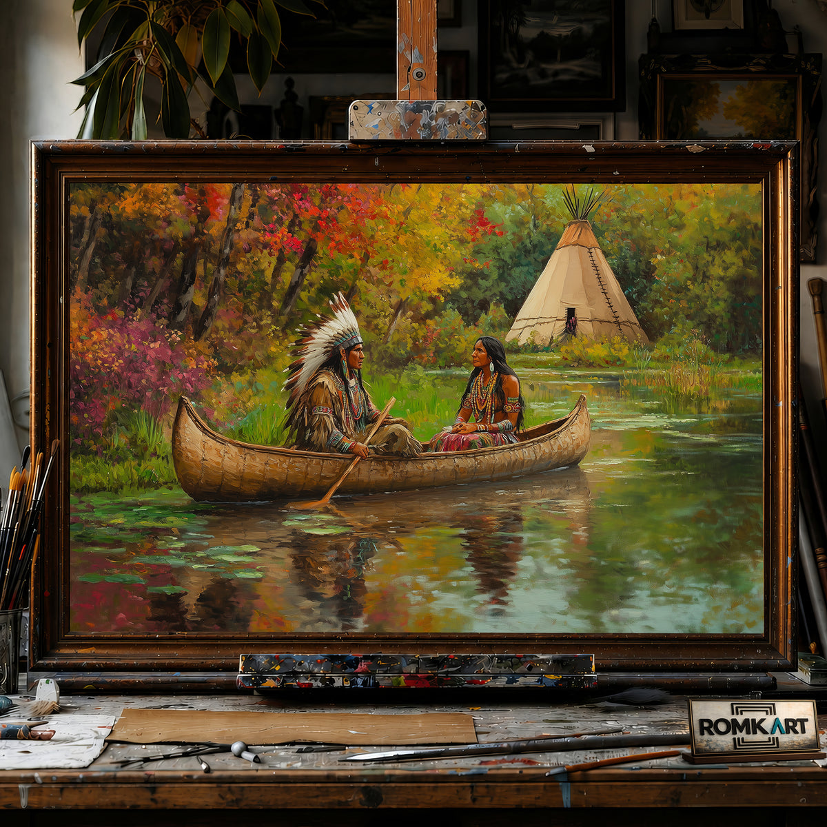 Native American and Birch-bark Canoe hand-painted oil painting on canvas
