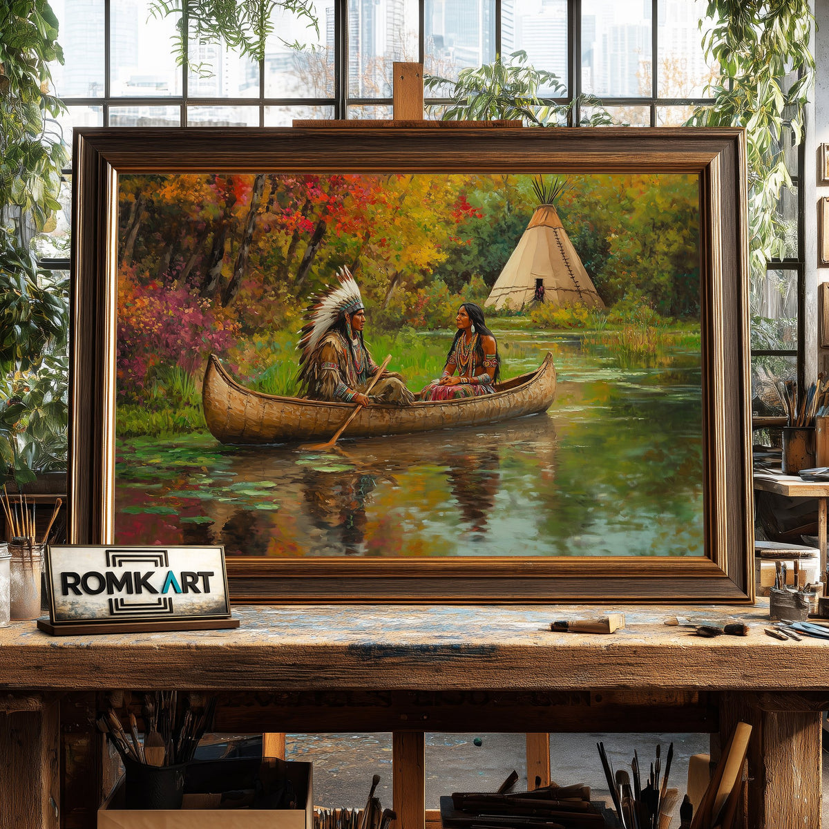 Native American and Birch-bark Canoe Oil Painting - image 2