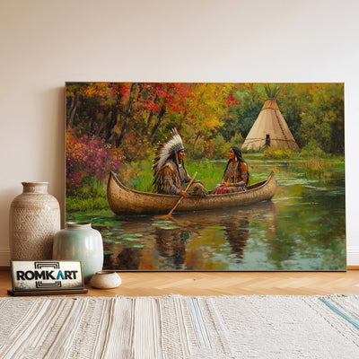 Native American and Birch-bark Canoe Oil Painting - image 3