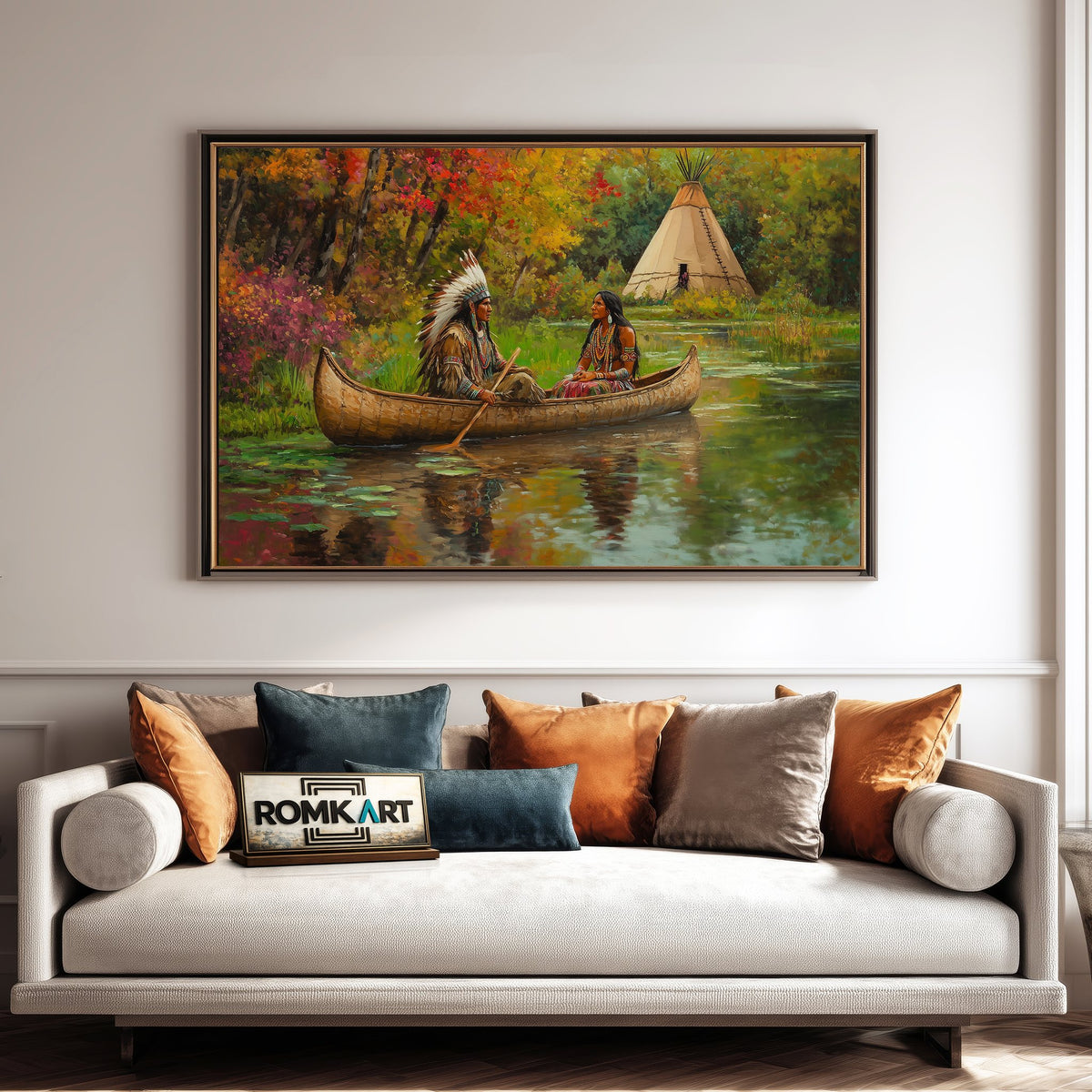 Native American and Birch-bark Canoe Oil Painting - image 4
