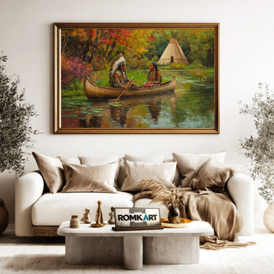 Native American and Birch-bark Canoe Oil Painting - image 5