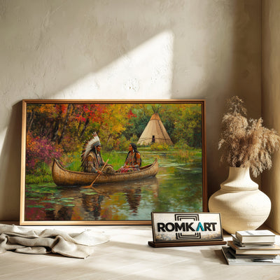 Native American and Birch-bark Canoe Oil Painting - image 6
