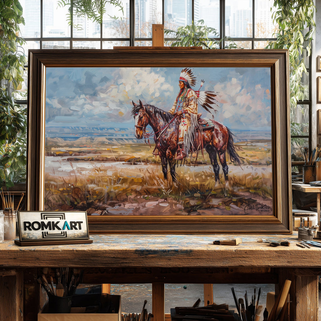 Native American and Horse hand-painted oil painting on canvas