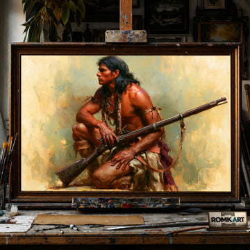 Native American and Rifle hand-painted oil painting on canvas