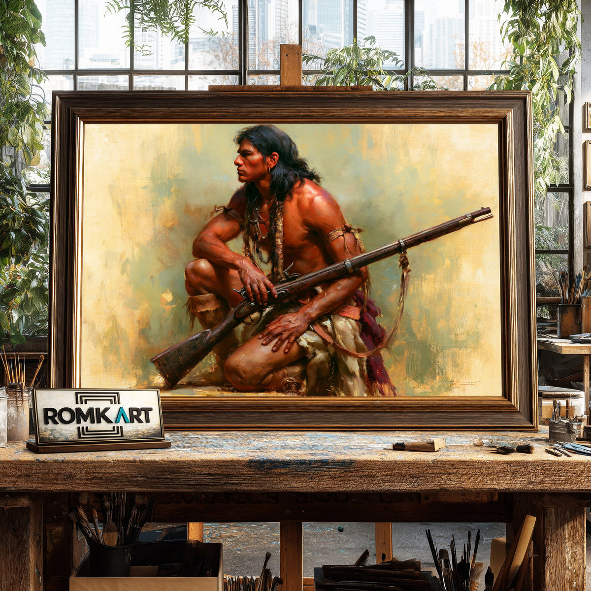 Native American and Rifle Oil Painting - image 2