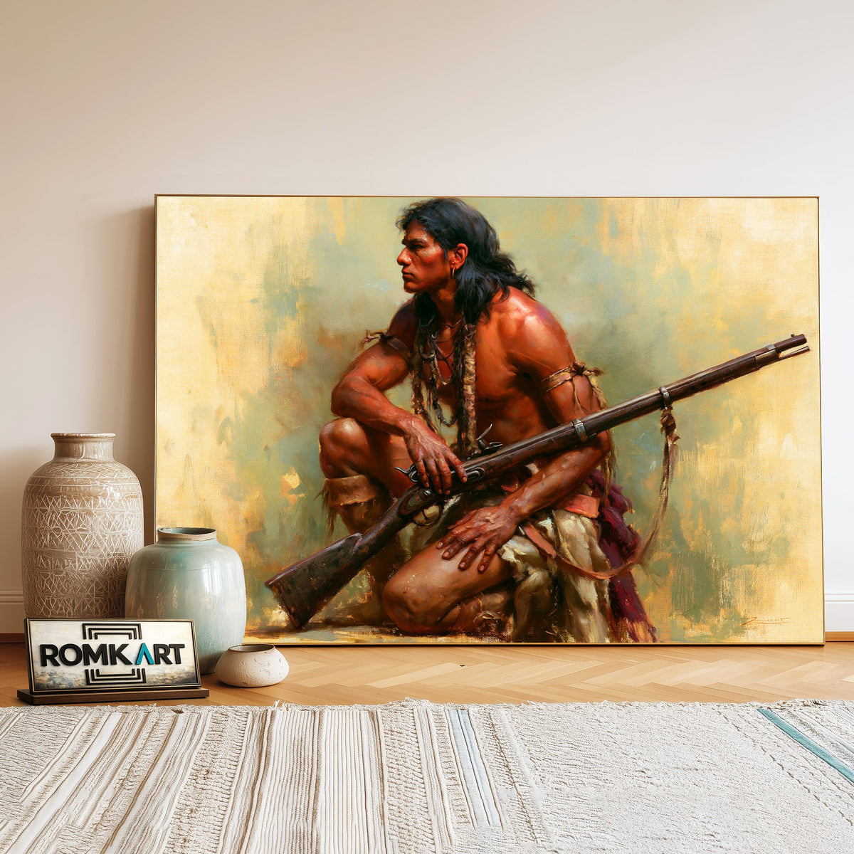 Native American and Rifle Oil Painting - image 3