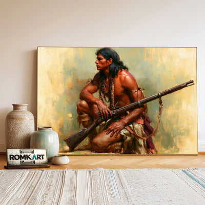 Native American and Rifle Oil Painting - image 3