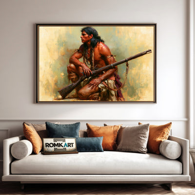 Native American and Rifle Oil Painting - image 4