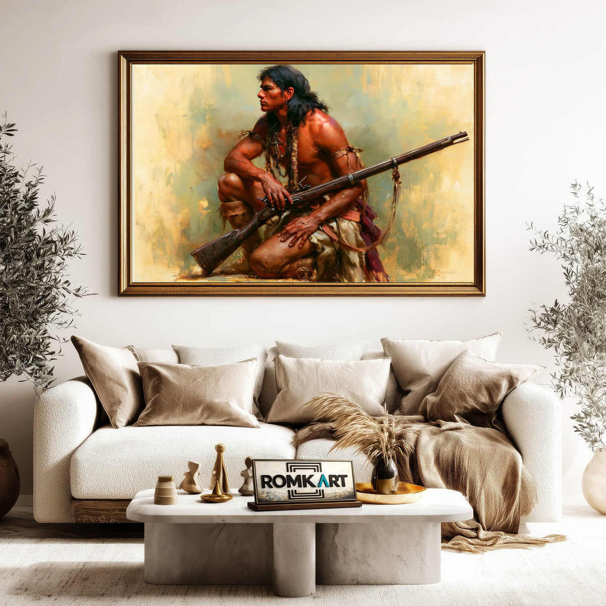 Native American and Rifle Oil Painting - image 5