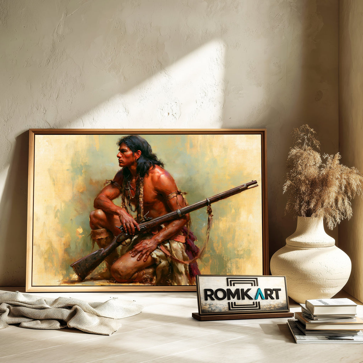 Native American and Rifle Oil Painting - image 6