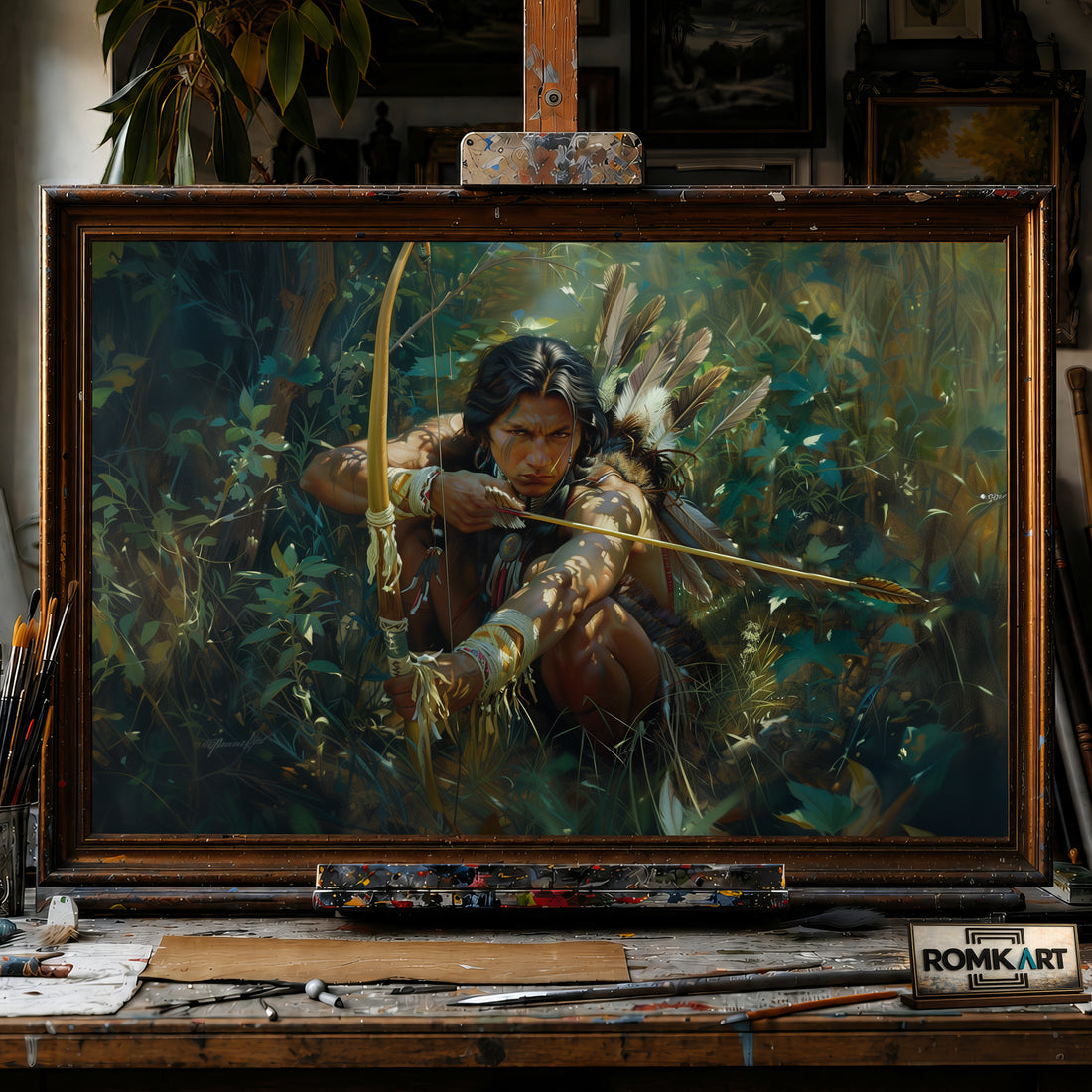 Native American Archer hand-painted oil painting on canvas