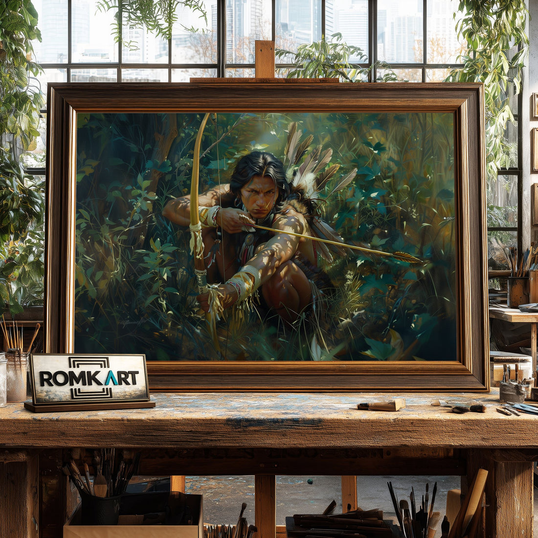Native American Archer hand-painted oil painting on canvas