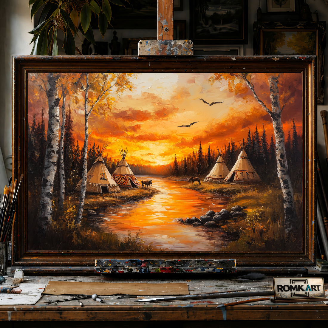 Native American Autumn Tipi hand-painted oil painting on canvas