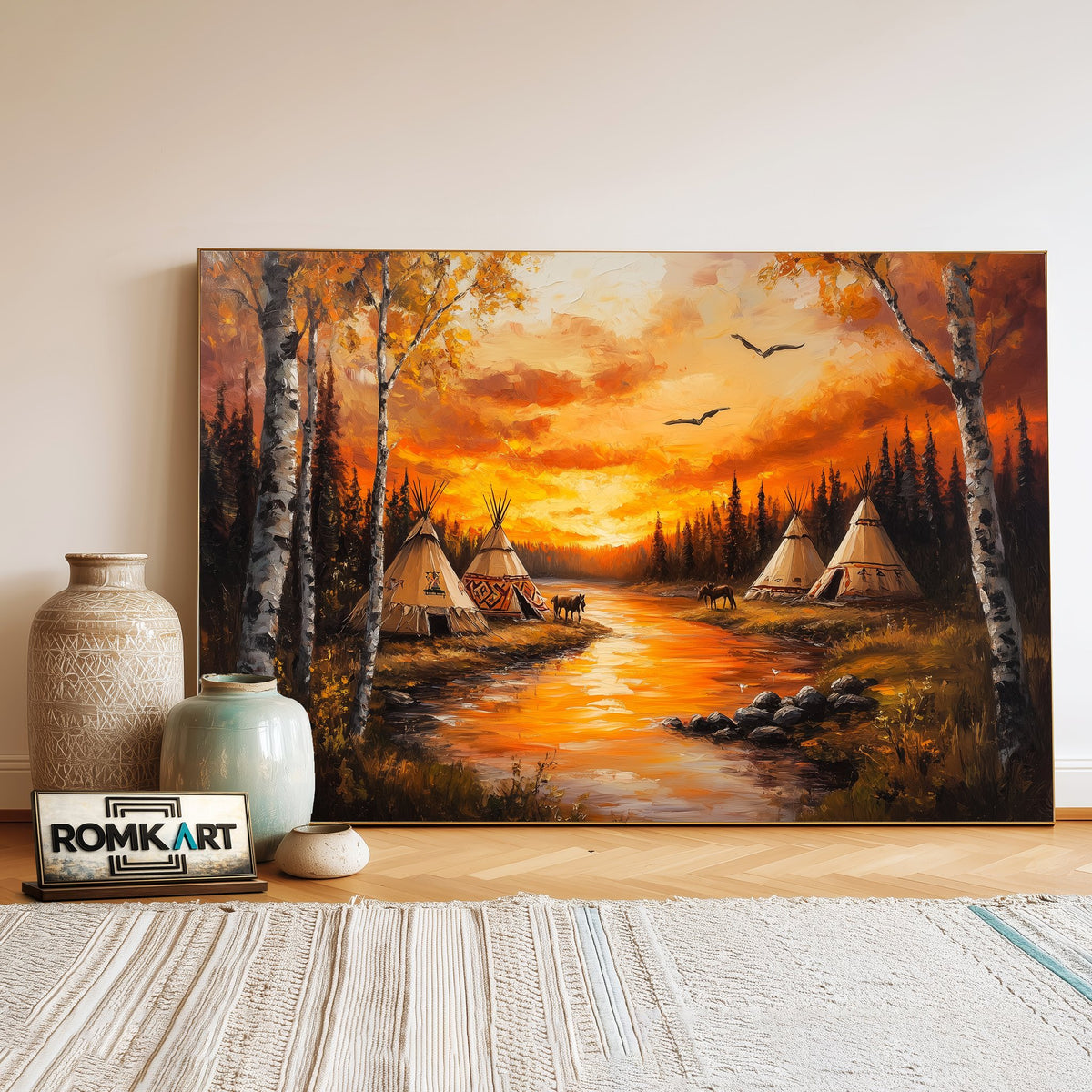 Native American Autumn Tipi Oil Painting - image 3