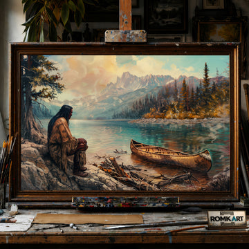 Native American by a Lakeside hand-painted oil painting on canvas