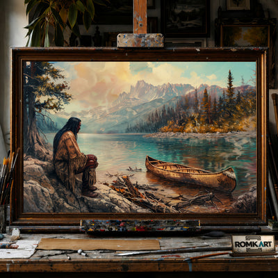 Native American by a Lakeside hand-painted oil painting on canvas