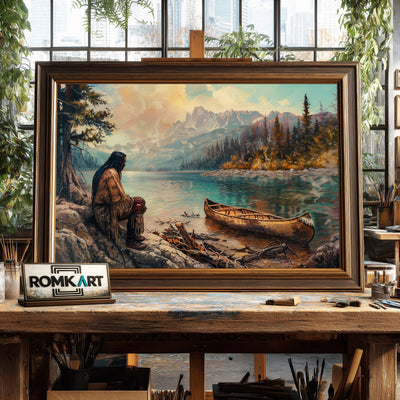 Native American by a Lakeside Waterscape Oil Painting - image 2