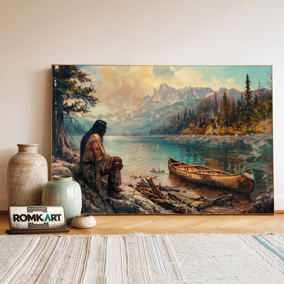 Native American by a Lakeside Waterscape Oil Painting - image 3