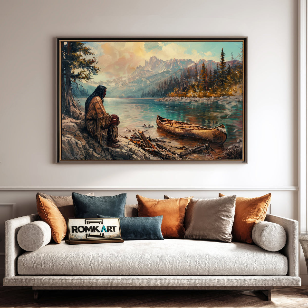 Native American by a Lakeside Waterscape Oil Painting - image 4