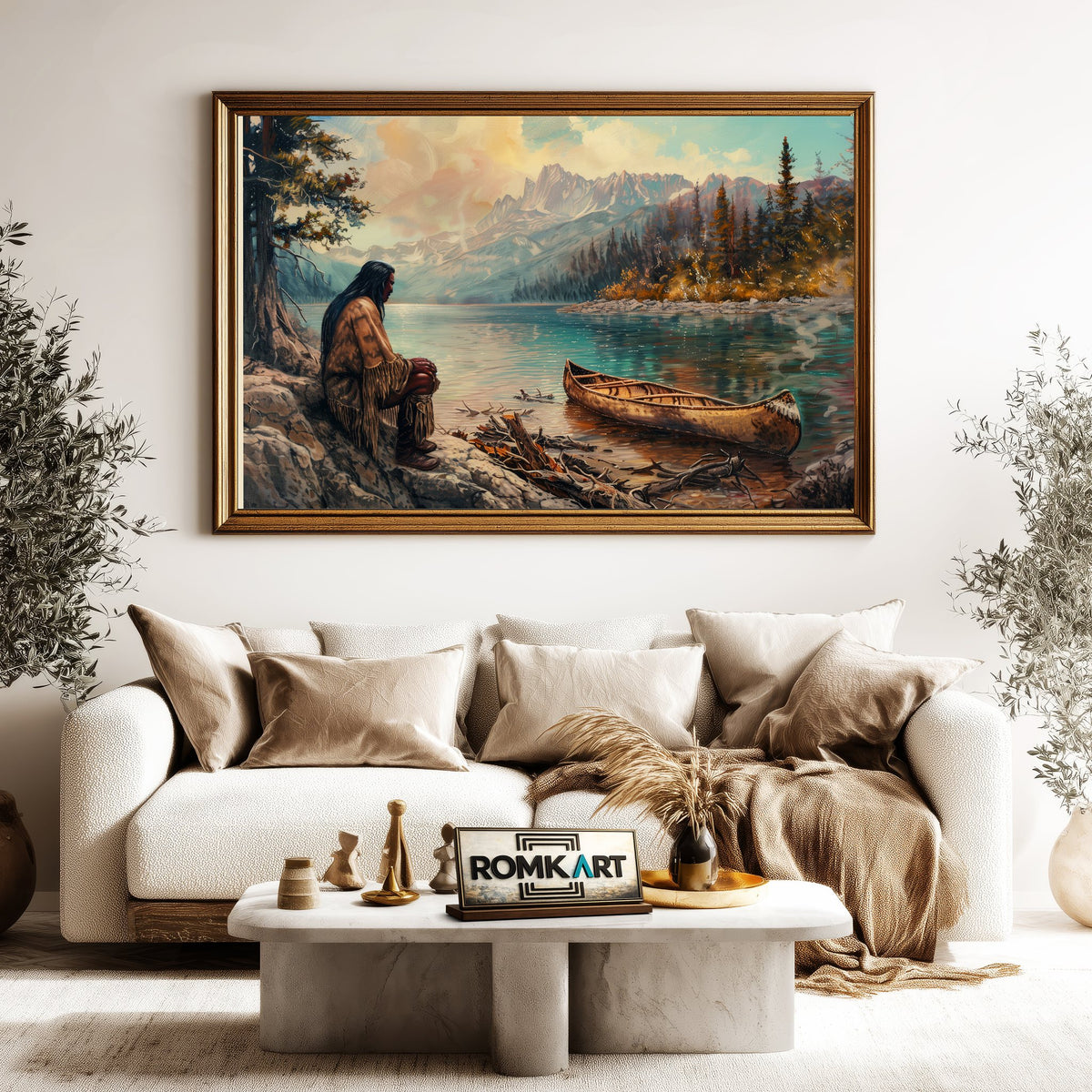 Native American by a Lakeside Waterscape Oil Painting - image 5