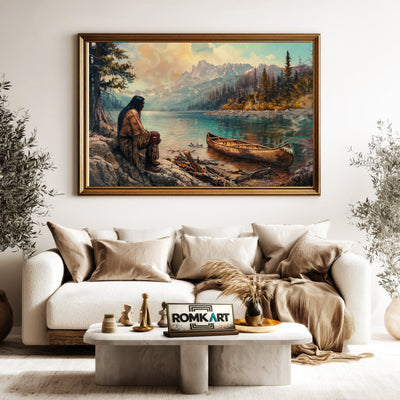 Native American by a Lakeside Waterscape Oil Painting - image 5