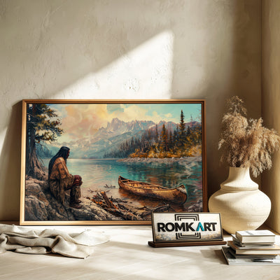 Native American by a Lakeside Waterscape Oil Painting - image 6