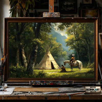Native American Campsite Tipi hand-painted oil painting on canvas