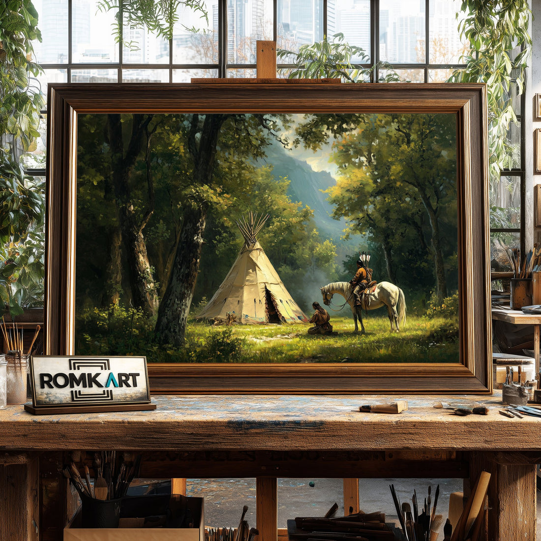 Native American Campsite Tipi hand-painted oil painting on canvas