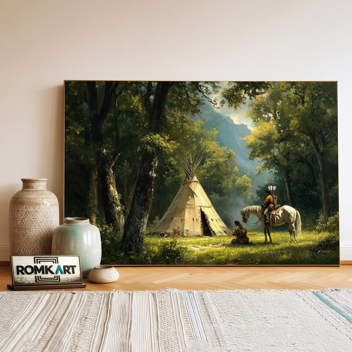 Native American Campsite Tipi Oil Painting - image 3
