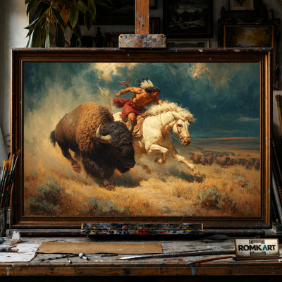 Native American Chasing Bison hand-painted oil painting on canvas