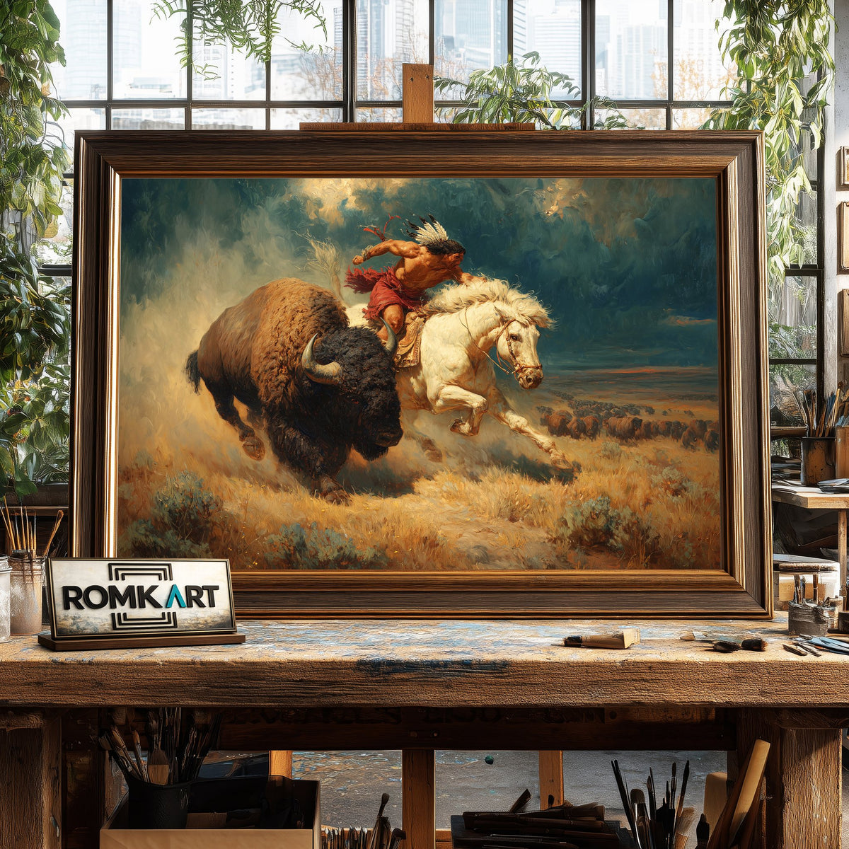 Native American Chasing Bison Oil Painting - image 2