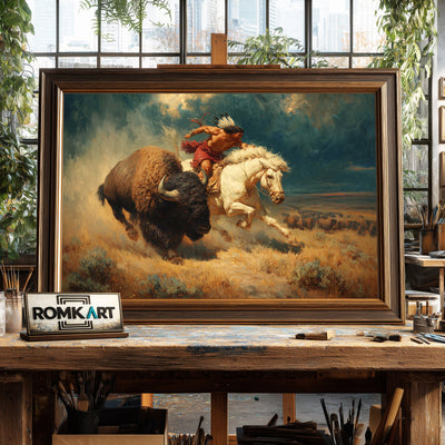 Native American Chasing Bison Oil Painting - image 2