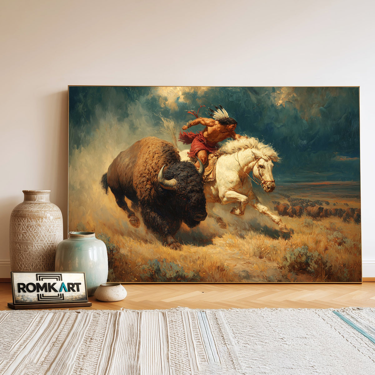 Native American Chasing Bison Oil Painting - image 3