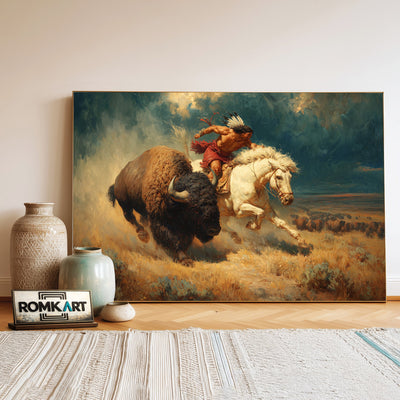 Native American Chasing Bison Oil Painting - image 3