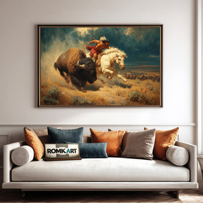 Native American Chasing Bison Oil Painting - image 4