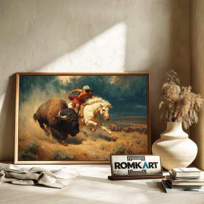 Native American Chasing Bison Oil Painting - image 6