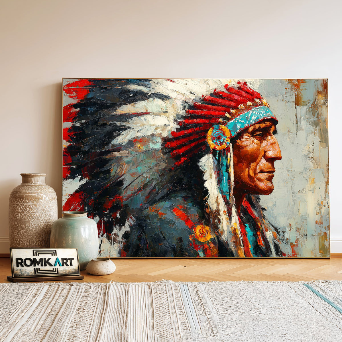 Native American Chief Oil Painting - image 3