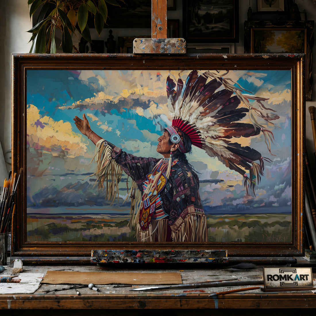 Native American Elder hand-painted oil painting on canvas