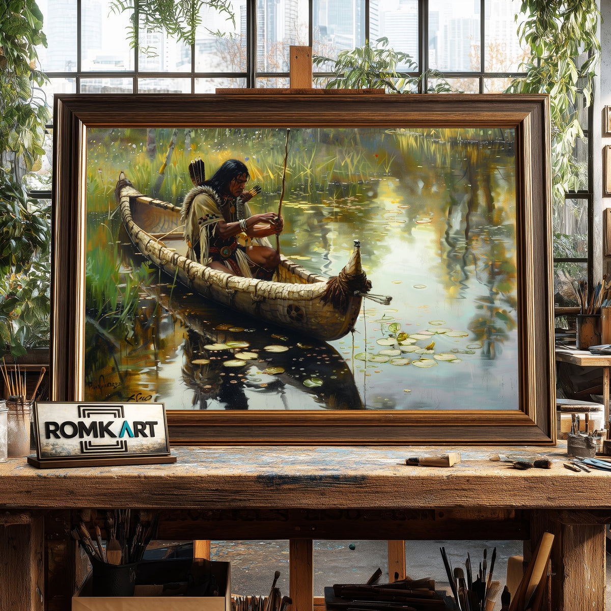 Native American Fishing Oil Painting - image 2
